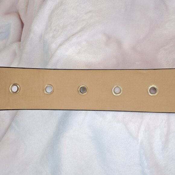 Michael Kors Womens MK Logo Print Tan Brown Belt Gold Buckle Size Small - Picture 10 of 11